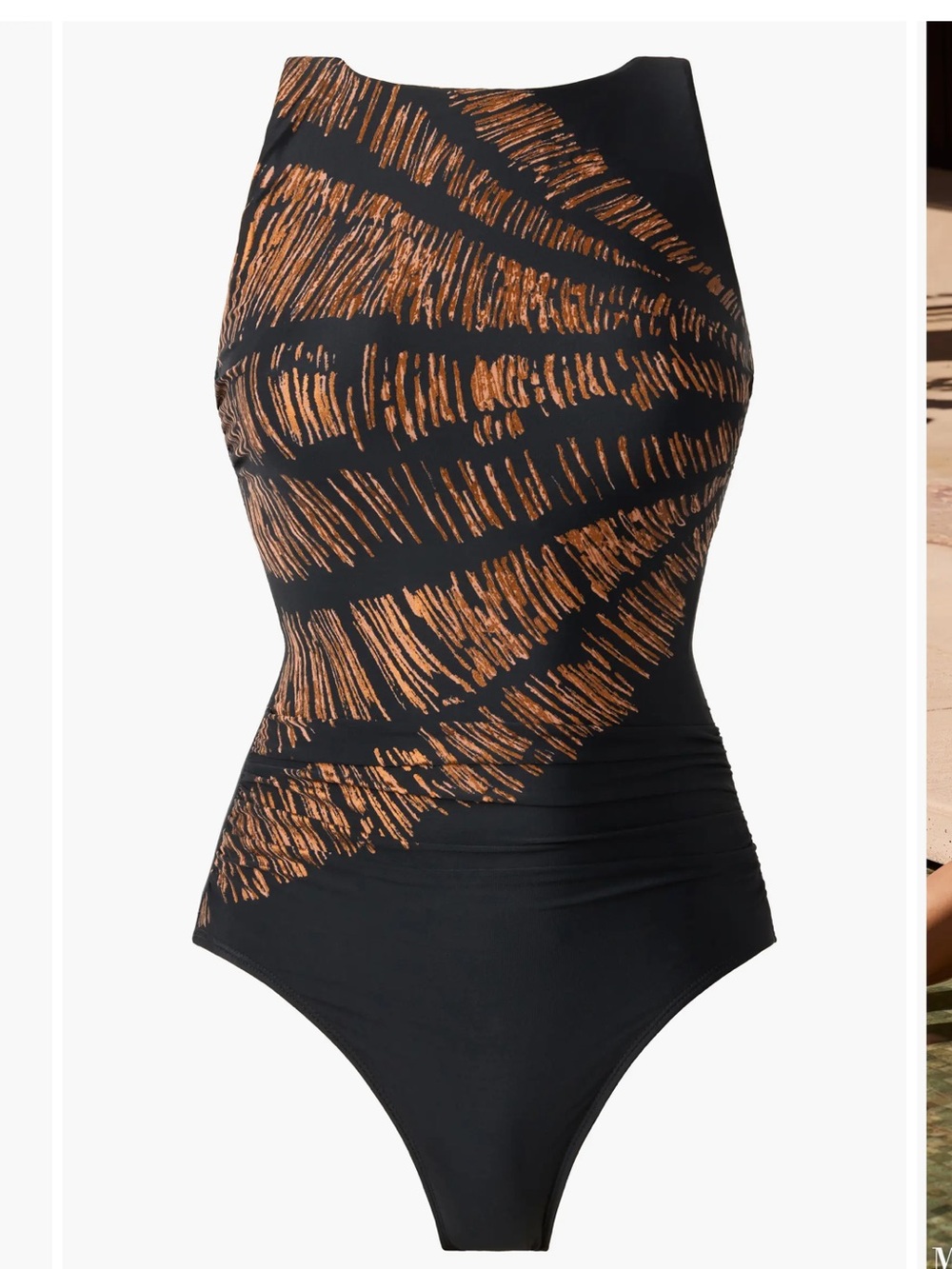Miraclesuit Black with Metallic Bronze Brushstroke Print Swimsuit Sz M